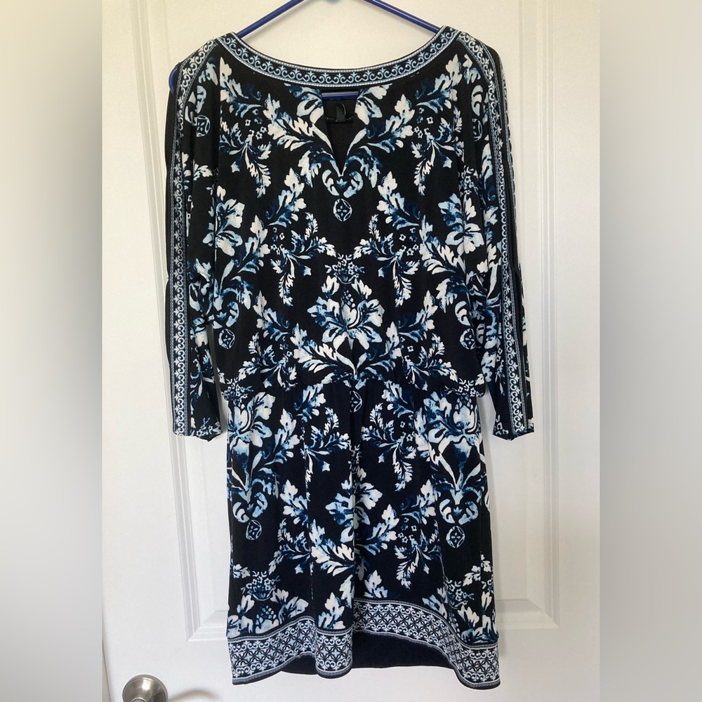 White House Black Market Floral Black/Blue Longsleeve Dress Women’s Medium